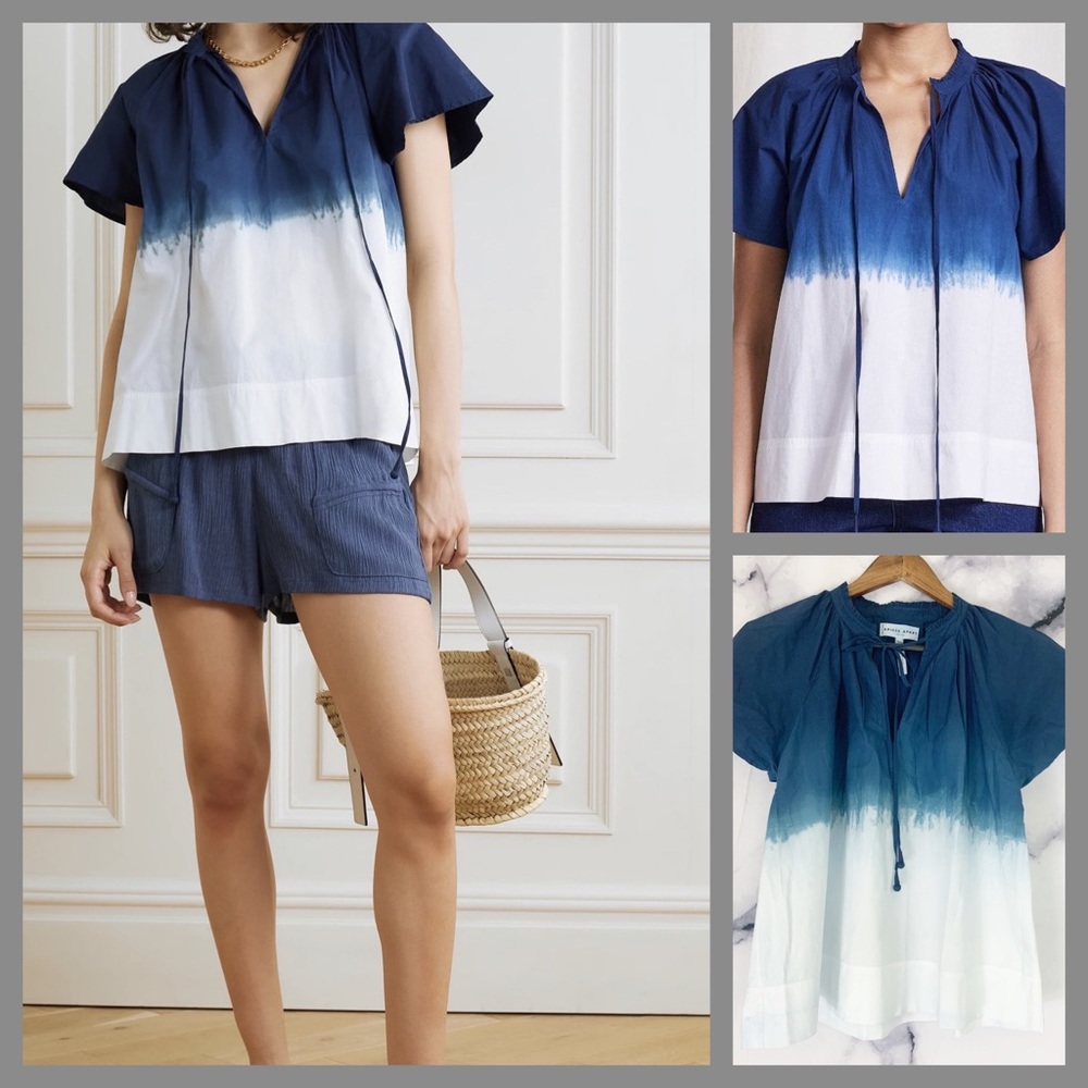 Apiece Apart Vera gathered tie-dyed Cotton Navy White Short Sleeve Top XS